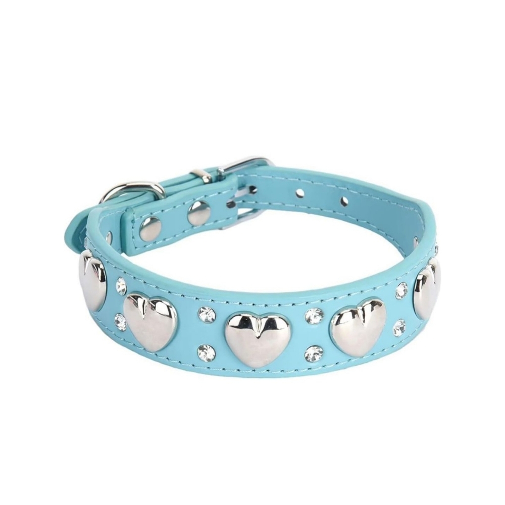 Blue Dog Collar with Hearts and Small Rhinestones